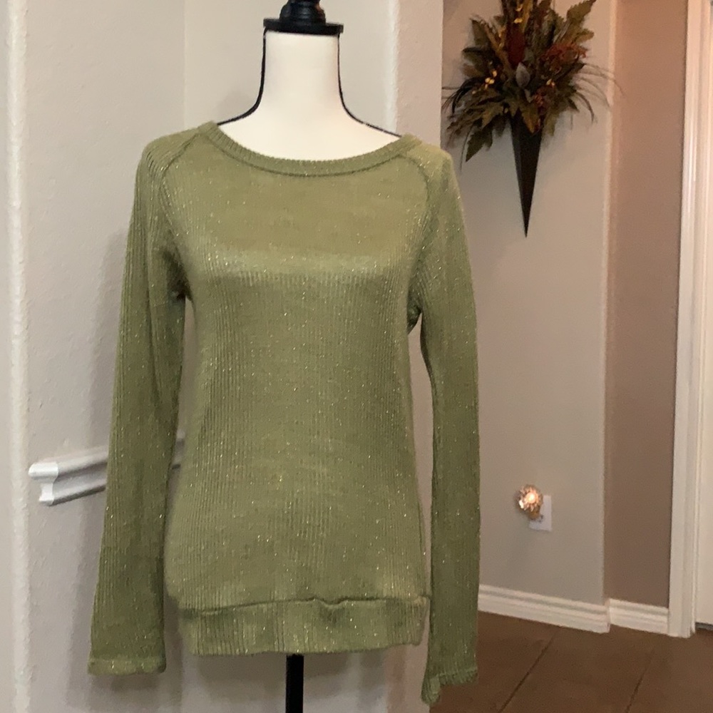 Sweet Claire olive green gold metallic thread long sleeve knit sweater Size S